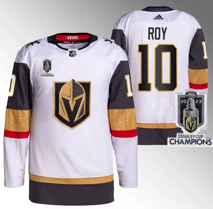 Men%27s Vegas Golden Knights #10 Nicolas Roy White 2023 Stanley Cup Champions Stitched Jersey